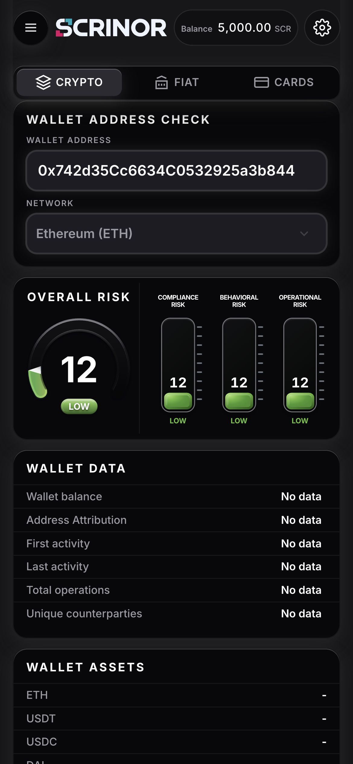 SCRINOR Crypto screening interface with demo data